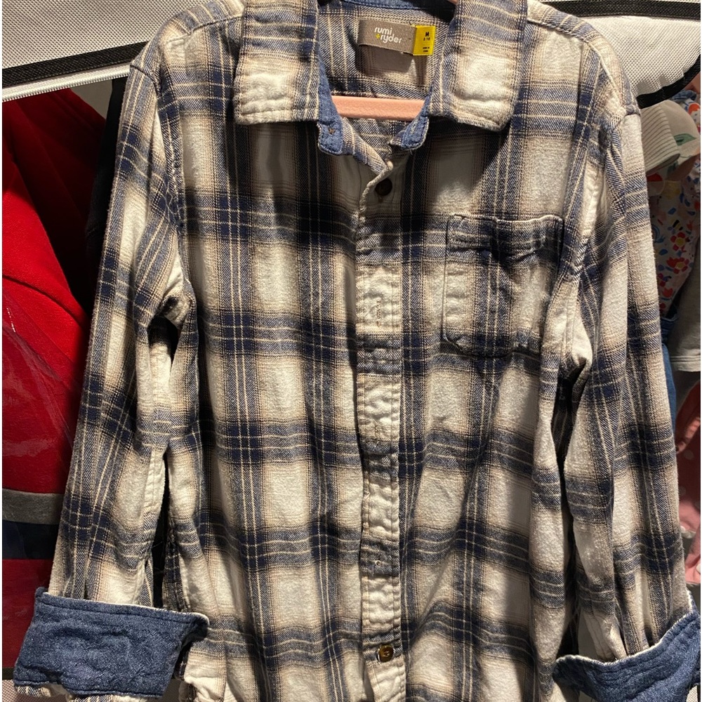 Rumi Ryder Boys Plaid Flannel Button Down Shirt, size M 8/10